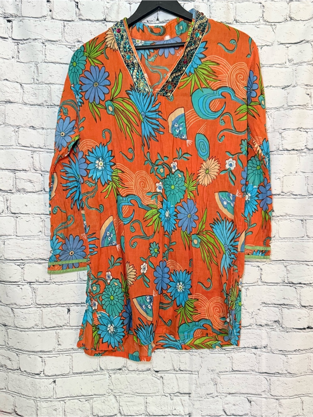 Bright Orange Floral Tunic with Blue Flowers. Size L